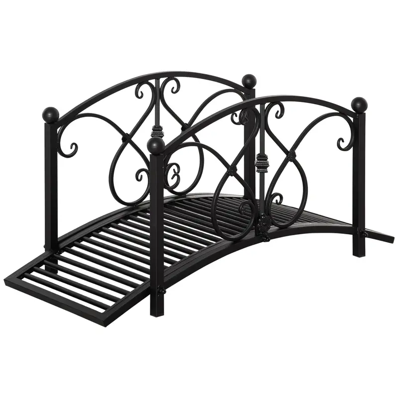 3.3Ft Metal Arch Bridge With Safety Siderails, Delicate Floral Scrollwork For Stream, Black 1