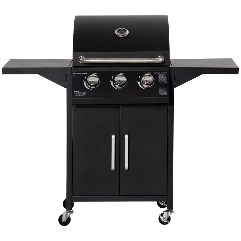 3-Burner Gas Grill With Warming Rack & Storage Cabinet, Thermometer Included, Black 1