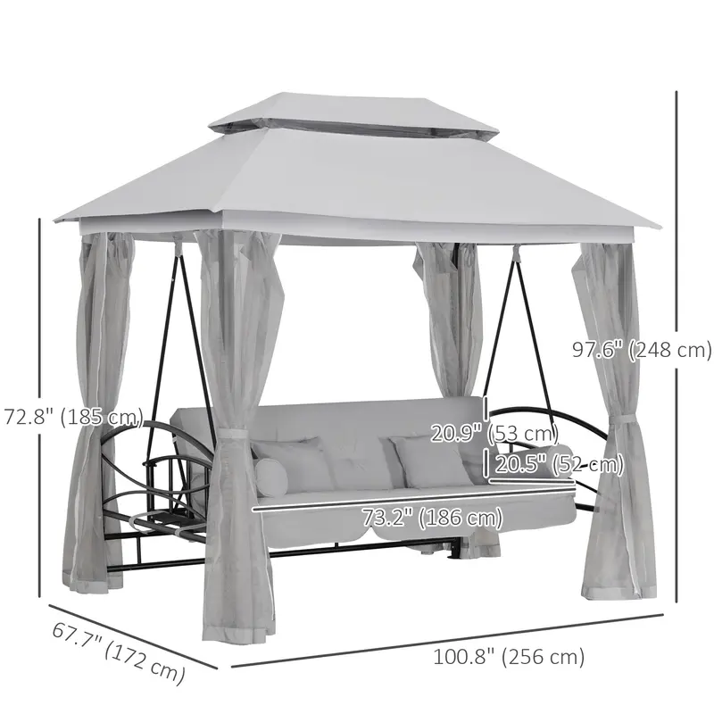3 In 1 Canopy Gazebo Swing Chair,  3 Person Hammock W/ Mesh Mosquito & Sun Shade, Grey 1