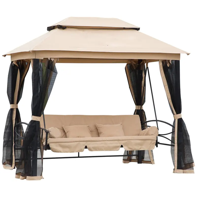 3 In 1 Canopy Gazebo Swing Chair W/ Sun Shade, Mesh Mosquito & Net For 3 Person, Beige 1