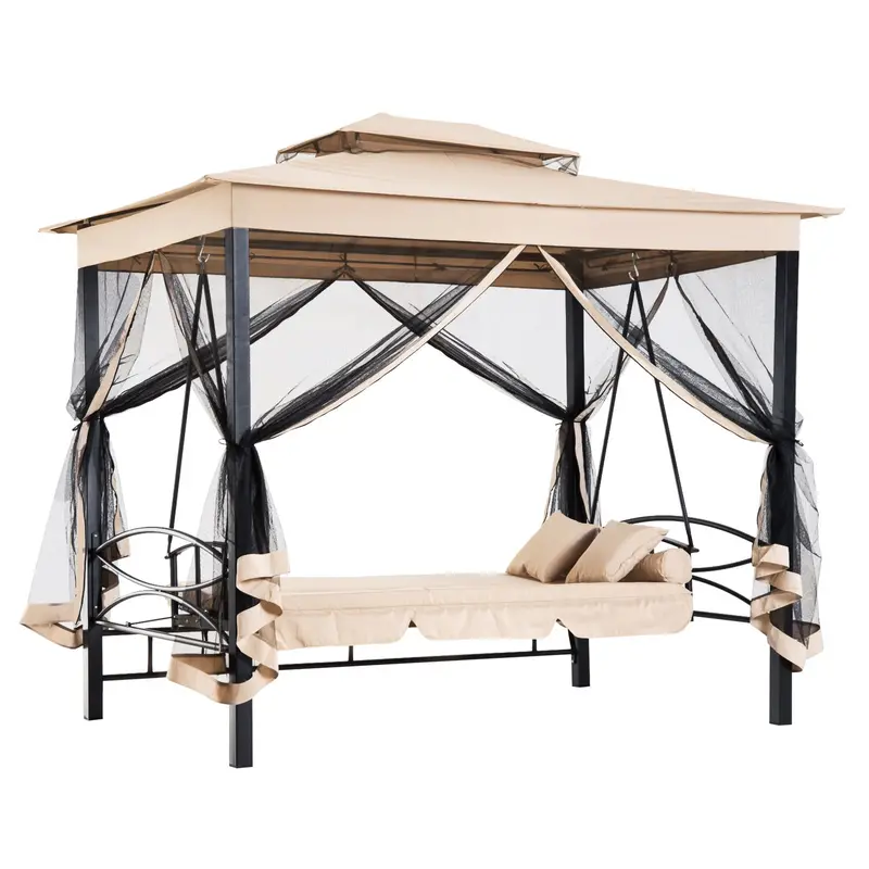3 In 1 Canopy Gazebo Swing Chair W/ Sun Shade, Mesh Mosquito & Net For 3 Person, Beige 2