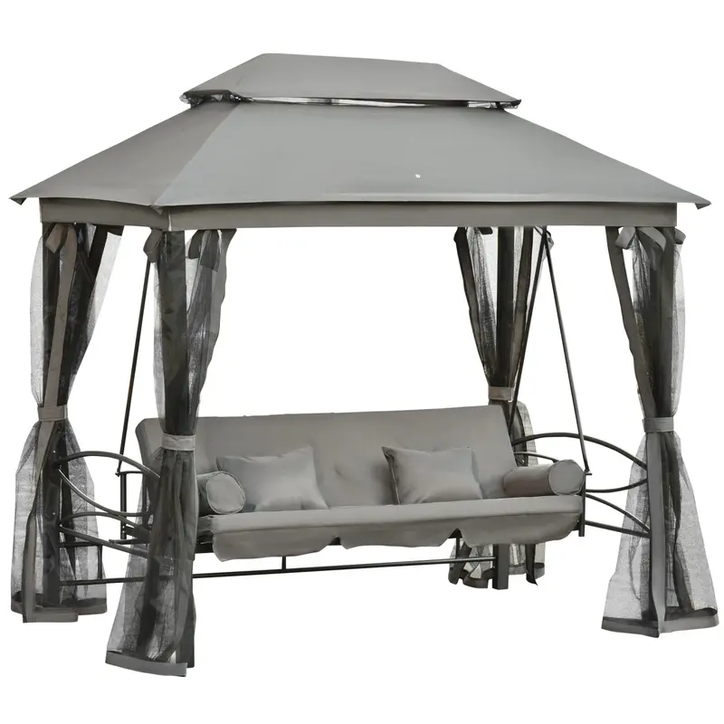 3 In 1 Canopy Gazebo Swing Chair W/ Sun Shade, Mesh Mosquito & Net For 3 Person, Dark Grey 1
