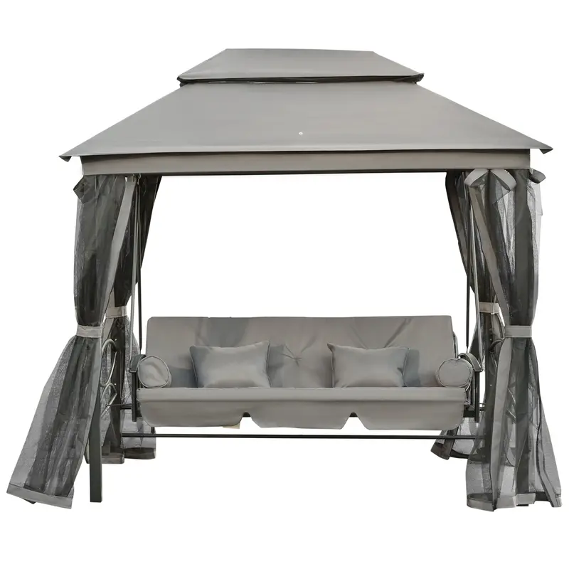 3 In 1 Canopy Gazebo Swing Chair W/ Sun Shade, Mesh Mosquito & Net For 3 Person, Dark Grey 2