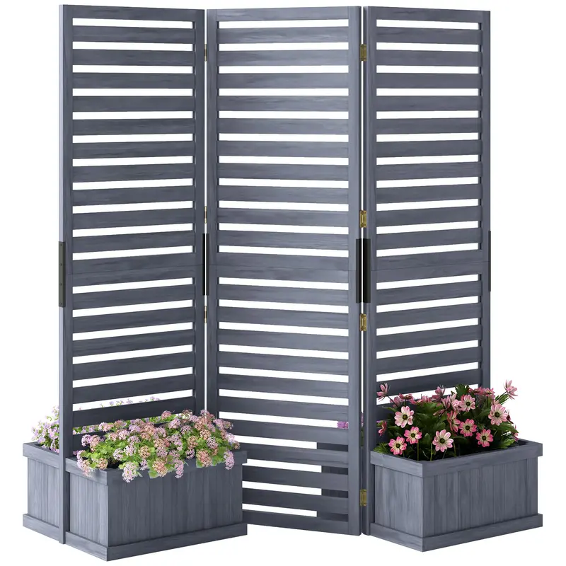 3 Panels Outdoor Privacy Screen Wood Privacy Panel With 4 Self-Draining Planters, Grey 1