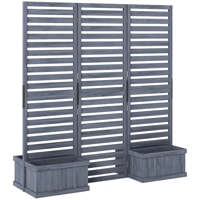 3 Panels Outdoor Privacy Screen Wood Privacy Panel With 4 Self-Draining Planters, Grey 2