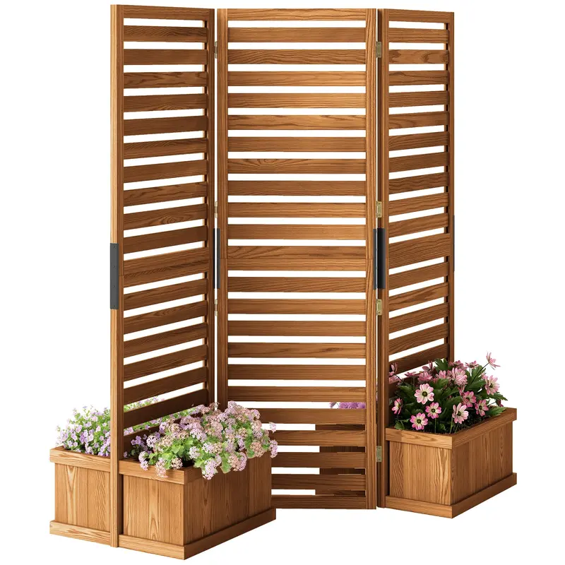 3 Panels Outdoor Privacy Screen Wood Privacy Panel With 4 Self-Draining Planters, Natural 1