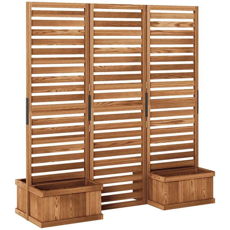 3 Panels Outdoor Privacy Screen Wood Privacy Panel With 4 Self-Draining Planters, Natural 2