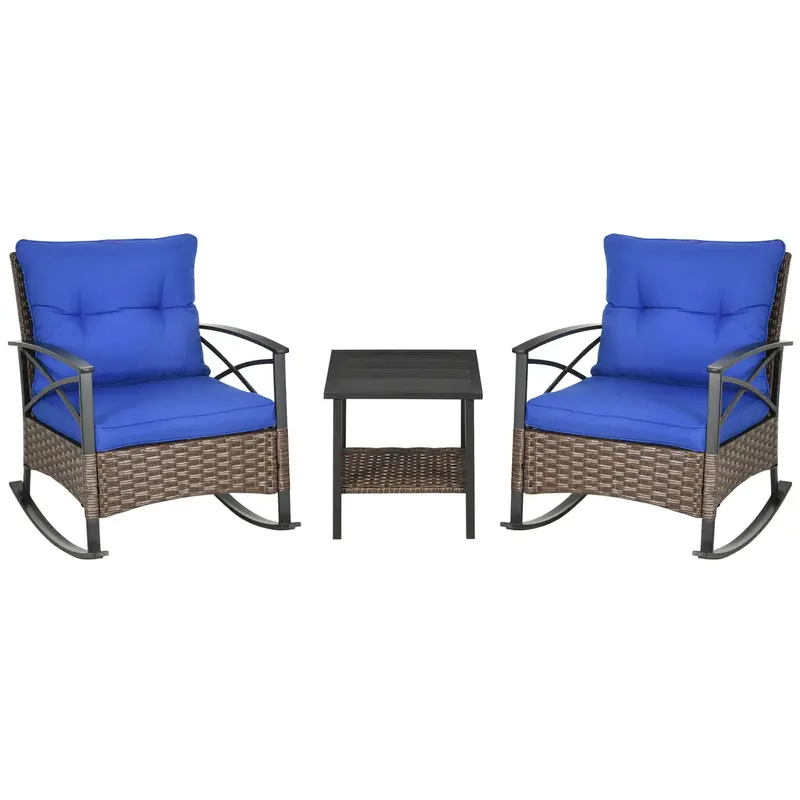 3 Pcs Outdoor Pe Rattan Rocking Chair Set With Two-Tier Table & Padded Cushions, Dark Blue 1