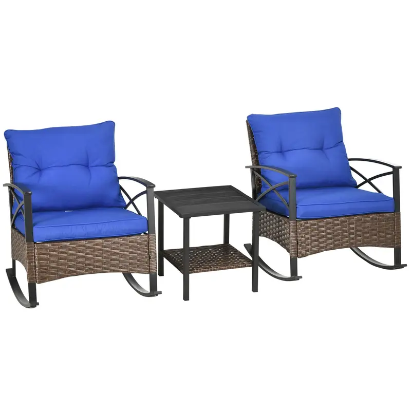 3 Pcs Outdoor Pe Rattan Rocking Chair Set With Two-Tier Table & Padded Cushions, Dark Blue 2