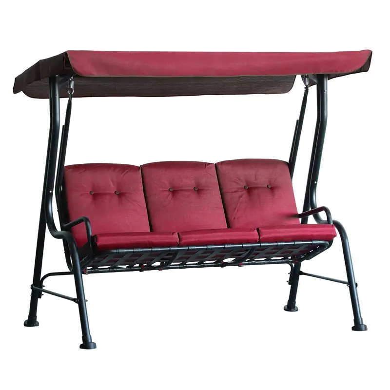 3-Person Cushioned Swing Bench W/ Adjustable Canopy & Weather Resistant Frame, Wine Red 1
