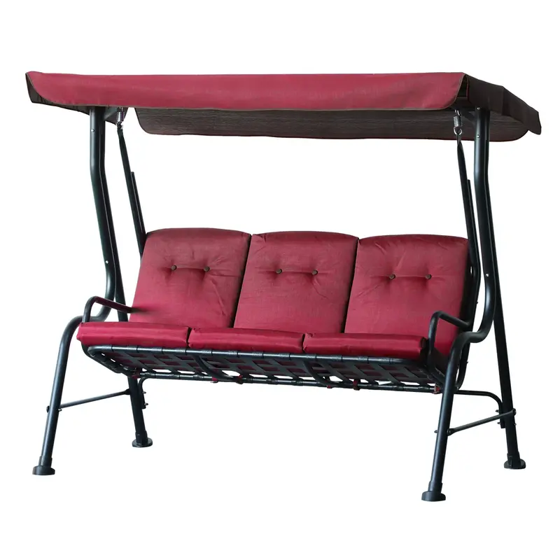 3-Person Cushioned Swing Bench W/ Adjustable Canopy & Weather Resistant Frame, Wine Red 2