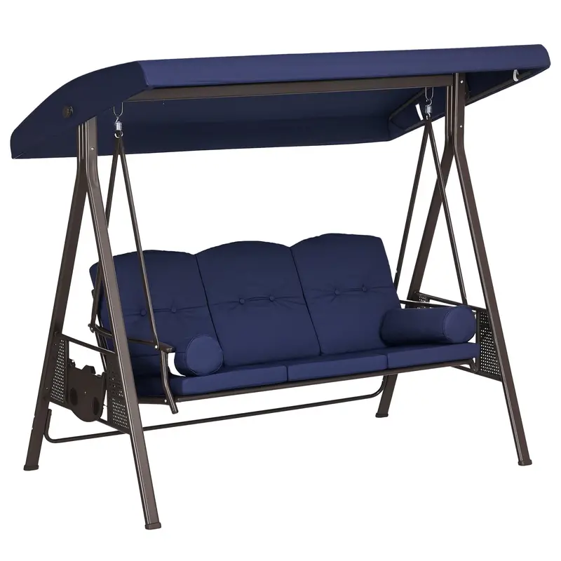 3-Person Outdoor Canopy Cushioned Swing Chair With Included Side Trays, Dark Blue 1