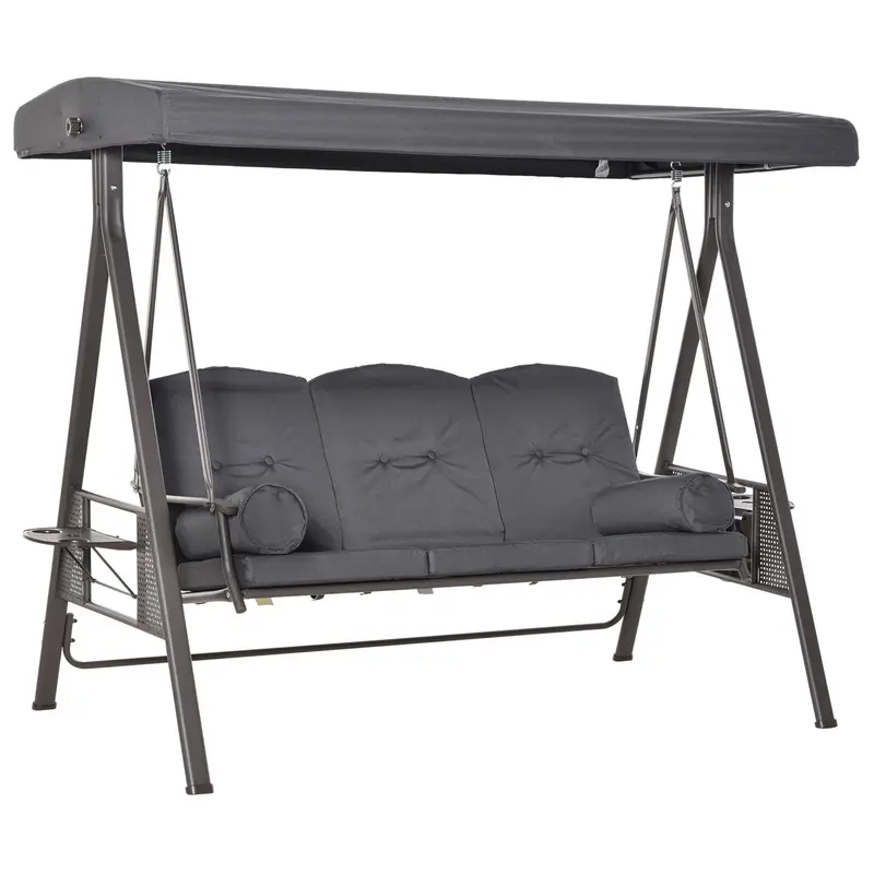 3-Person Outdoor Canopy Cushioned Swing Chair With Included Side Trays, Dark Grey 1