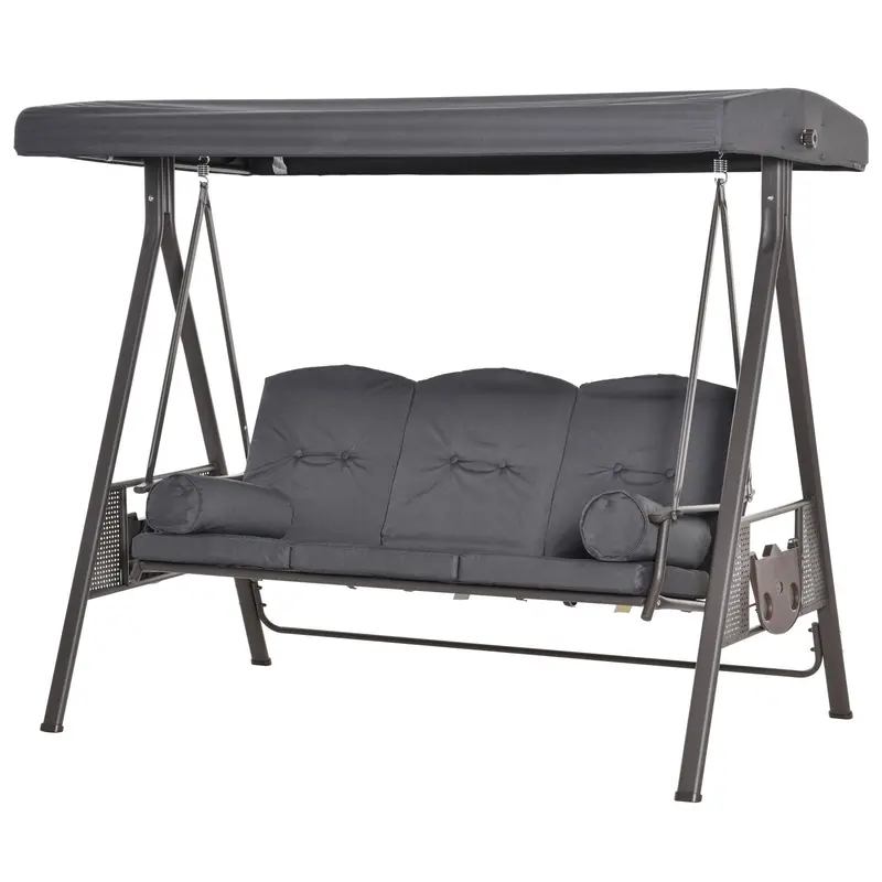 3-Person Outdoor Canopy Cushioned Swing Chair With Included Side Trays, Dark Grey 2
