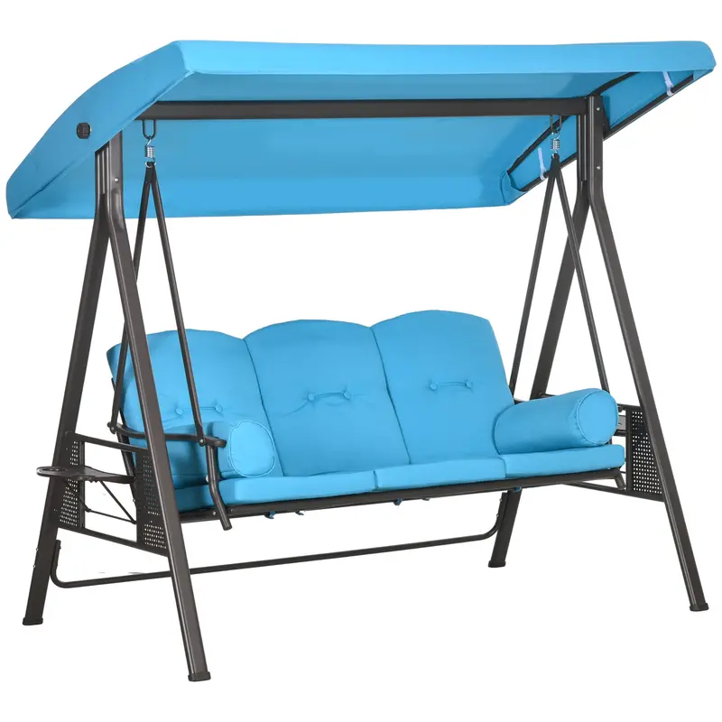 3-Person Outdoor Canopy Cushioned Swing Chair With Included Side Trays, Light Blue 1