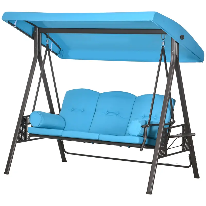 3-Person Outdoor Canopy Cushioned Swing Chair With Included Side Trays, Light Blue 2