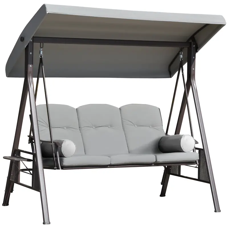 3-Person Outdoor Canopy Cushioned Swing Chair With Included Side Trays, Light Grey 1