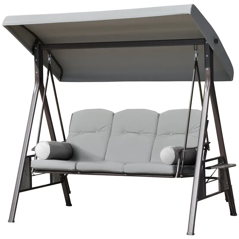 3-Person Outdoor Canopy Cushioned Swing Chair With Included Side Trays, Light Grey 2