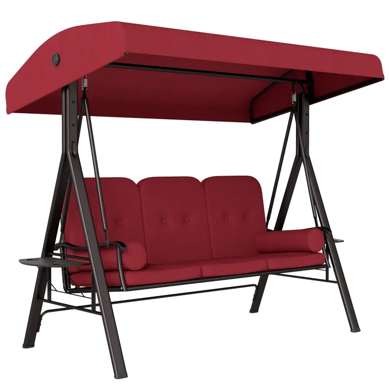 3-Person Outdoor Canopy Cushioned Swing Chair With Included Side Trays, Wine Red 1