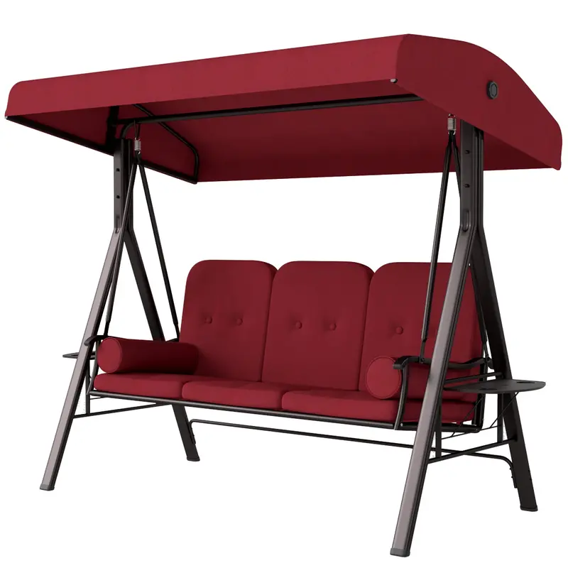 3-Person Outdoor Canopy Cushioned Swing Chair With Included Side Trays, Wine Red 2