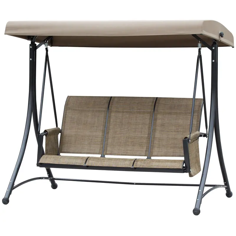 3 Person Outdoor High Back Swing Chair With Side Pouches And Adjustable Canopy, Brown 1