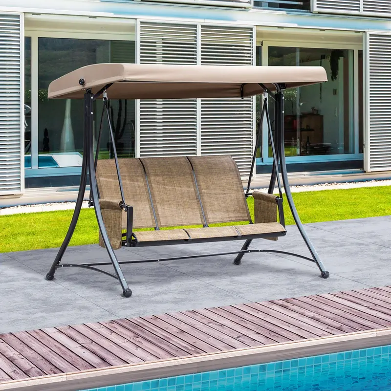 3 Person Outdoor High Back Swing Chair With Side Pouches And Adjustable Canopy, Brown 2