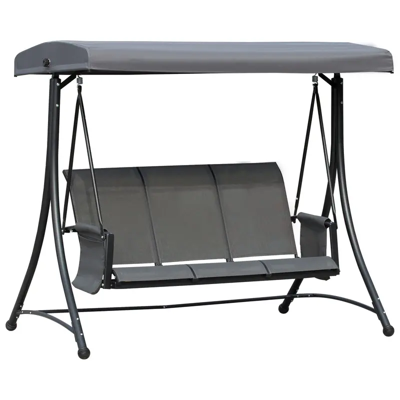 3 Person Outdoor High Back Swing Chair With Side Pouches And Adjustable Canopy, Dark Grey 1