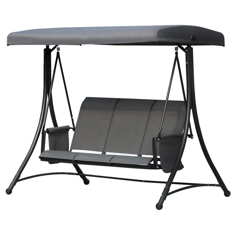 3 Person Outdoor High Back Swing Chair With Side Pouches And Adjustable Canopy, Dark Grey 2