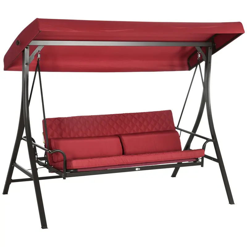 3 Person Outdoor Padded Swing Chair Bench Hammock W/ Adjustable Canopy & Pillows, Red 1