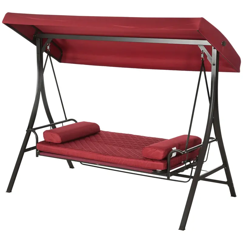 3 Person Outdoor Padded Swing Chair Bench Hammock W/ Adjustable Canopy & Pillows, Red 2