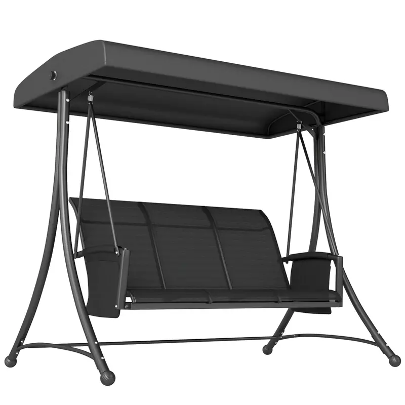 3 Person Outdoor Porch Swing Chair With Adjustable Canopy For Patio, Backyard, Black 1