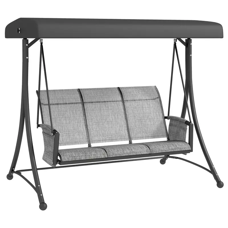 3 Person Outdoor Porch Swing Chair With Adjustable Canopy For Patio, Backyard, Mixed Grey 1