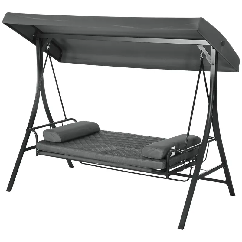 3 Person Porch Swing Bench W/ Adjustable Canopy, Cushions & Pillows For Porch, Dark Grey 2