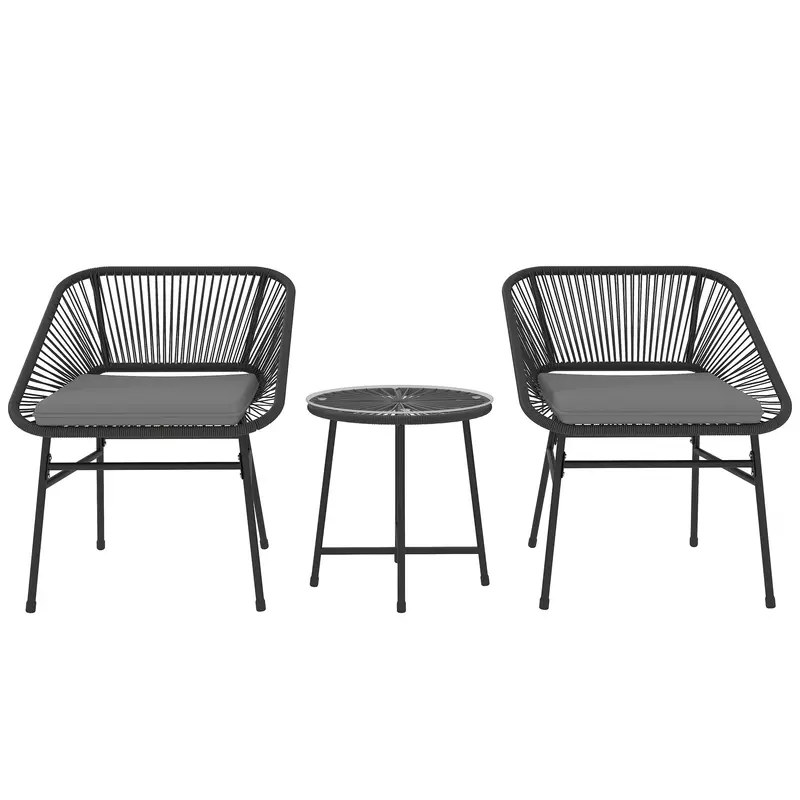 3 Piece Bistro Set, Wicker Outdoor Patio Furniture Set With Glass Top Table, Black 1
