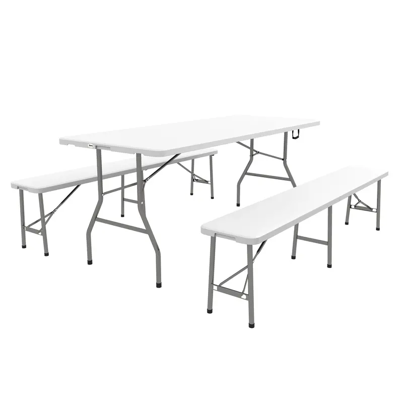 3-Piece Folding Picnic Table W/ 2 Benches, Portable Picnic Table Bench Set For 6, White 1