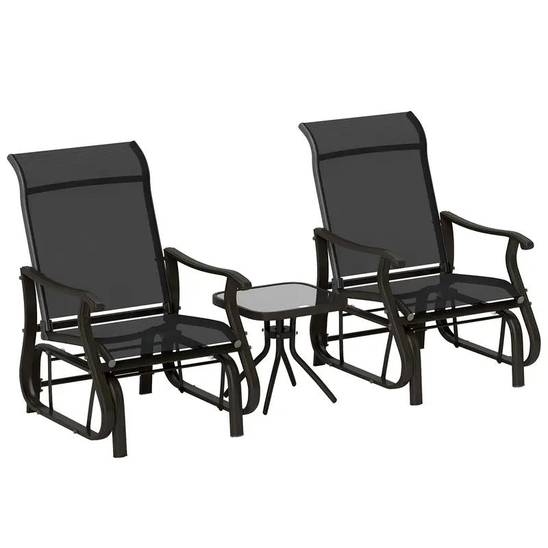 3 Piece Gliding Rocking Chair W/ Mesh Seat & Bistro Tea Table W/ Glass Top, Black 1