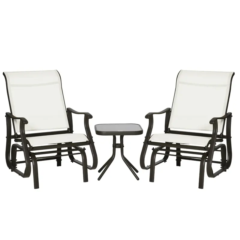 3 Piece Gliding Rocking Chair W/ Mesh Seat & Bistro Tea Table W/ Glass Top, Cream White 1