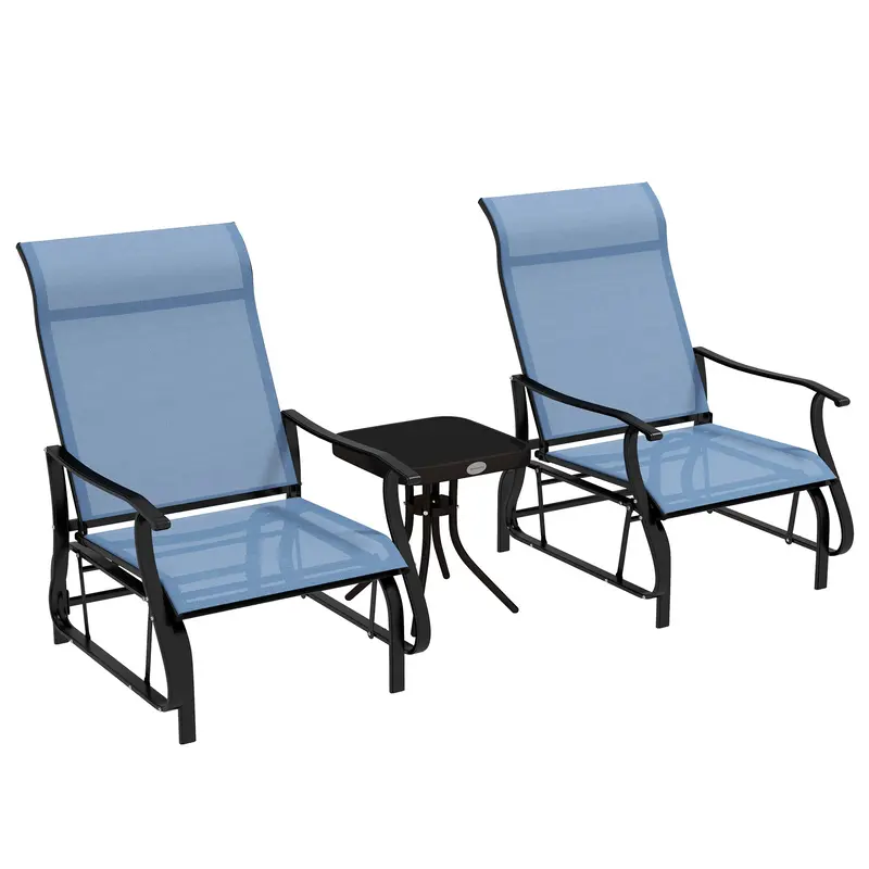 3 Piece Gliding Rocking Chair W/ Mesh Seat & Bistro Tea Table W/ Glass Top, Light Blue 1