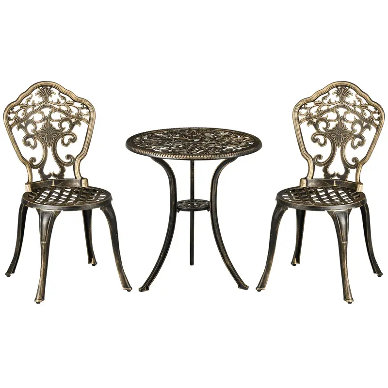 3 Piece Outdoor Bistro Set, 2 Chairs And A Round Coffee Table W/ Parasol Hole, Bronze 1