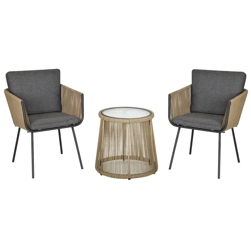 3 Piece Outdoor Patio Bistro Set, Wicker Rattan Furniture With Metal Legs, Grey 1