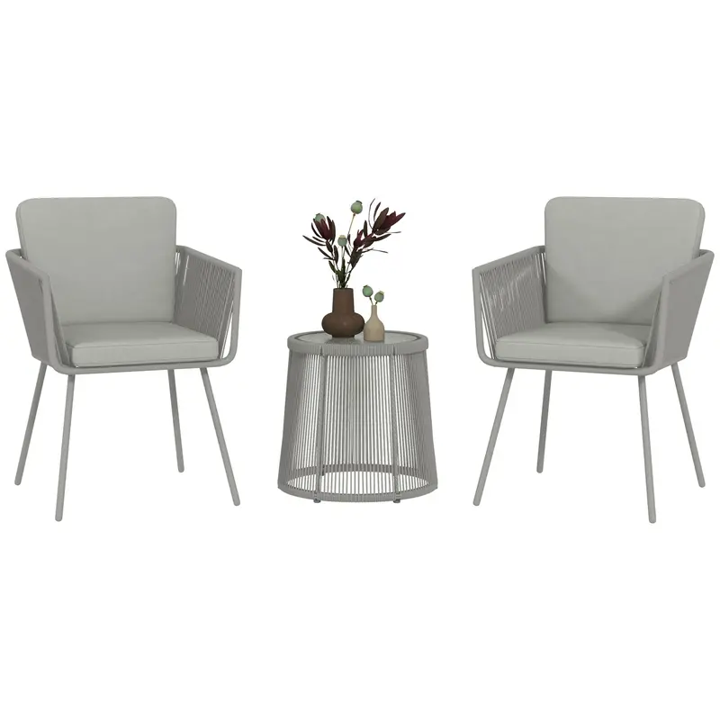 3 Piece Outdoor Patio Bistro Set, Wicker Rattan Furniture With Metal Legs, Light Grey 1