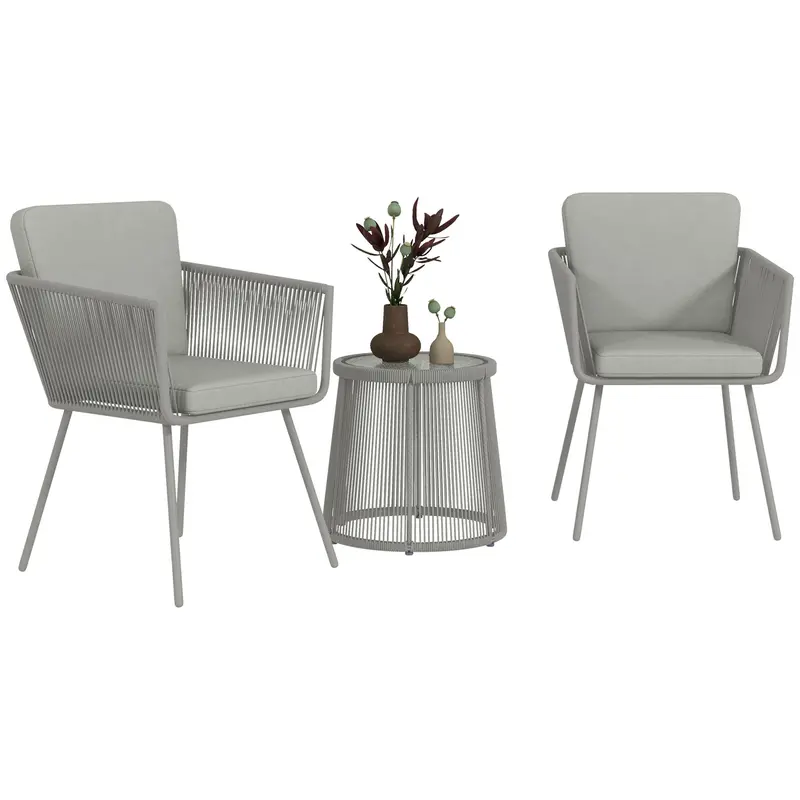 3 Piece Outdoor Patio Bistro Set, Wicker Rattan Furniture With Metal Legs, Light Grey 2