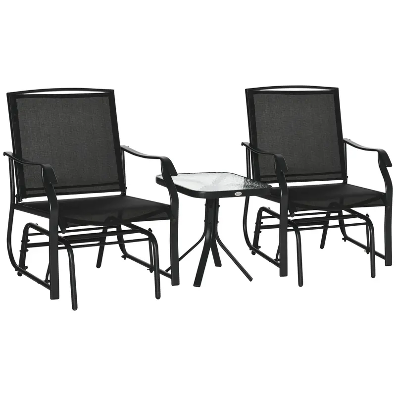 3 Piece Patio Glider Set With Breathable Mesh Seat & Glass Top Table, Black 1