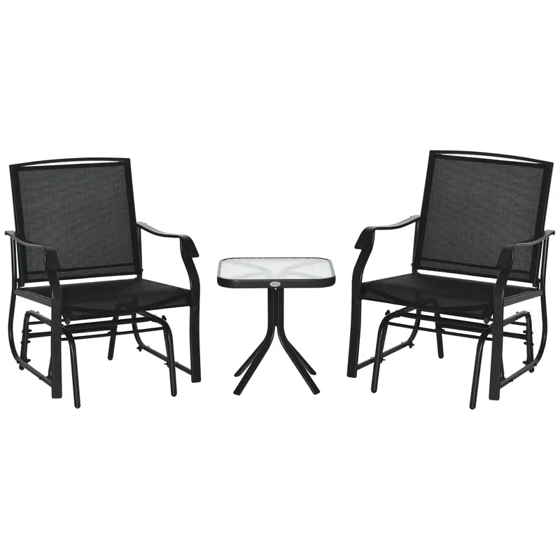 3 Piece Patio Glider Set With Breathable Mesh Seat & Glass Top Table, Black 2