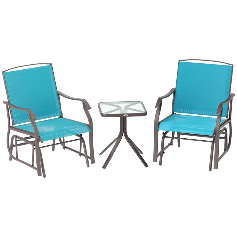 3 Piece Patio Glider Set With Breathable Mesh Seat & Glass Top Table, Blue 1