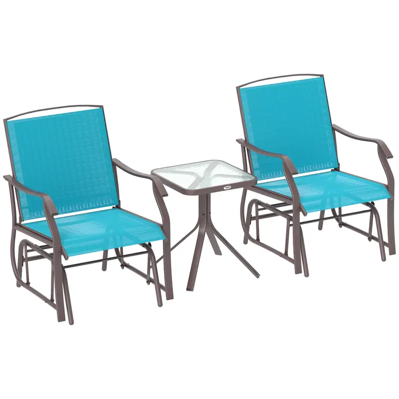3 Piece Patio Glider Set With Breathable Mesh Seat & Glass Top Table, Blue 2