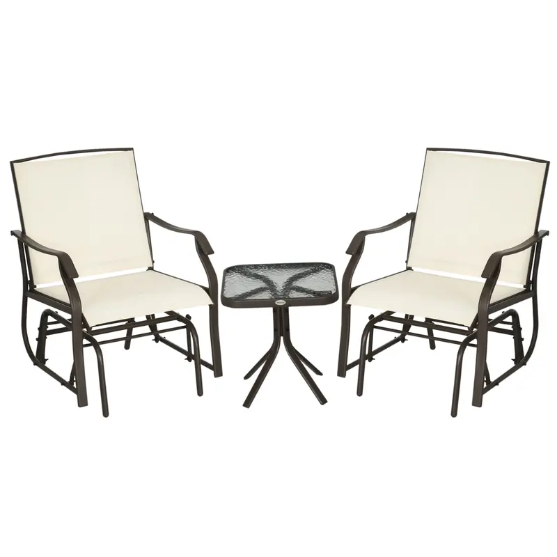 3 Piece Patio Glider Set With Breathable Mesh Seat & Glass Top Table, Cream White 1