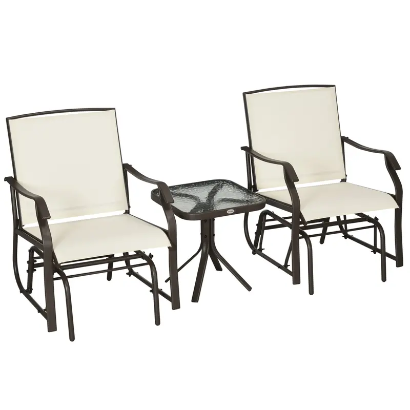 3 Piece Patio Glider Set With Breathable Mesh Seat & Glass Top Table, Cream White 2