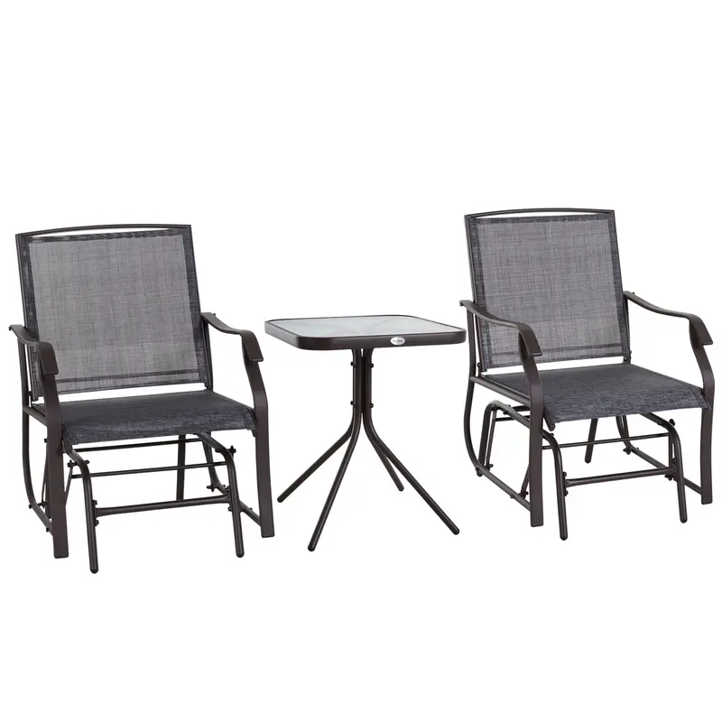 3 Piece Patio Glider Set With Breathable Mesh Seat & Glass Top Table, Grey 1