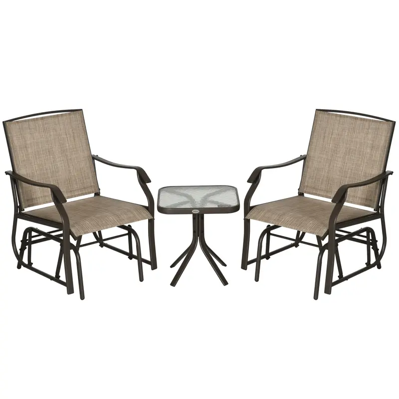 3 Piece Patio Glider Set With Breathable Mesh Seat & Glass Top Table, Mixed Brown 1